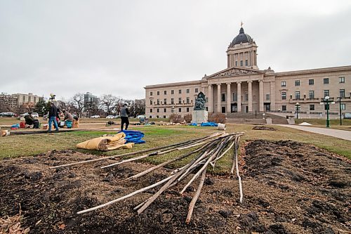 Mike Sudoma / Winnipeg Free Press
The remnants of the two large tipis on the Manitoba Legislative grounds as Bill 2 protestors finish packing up their camp Friday afternoon
November 6, 2020