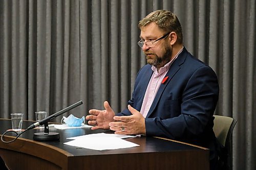 Daniel Crump / Winnipeg Free Press. Jason Chester, vice-president, long-term care operations for Western Canada, Revera, speaks at a press conference at the Manitoba legislature Saturday evening regarding an emergency incident at the Maples Care Home in Winnipeg. November 7, 2020.