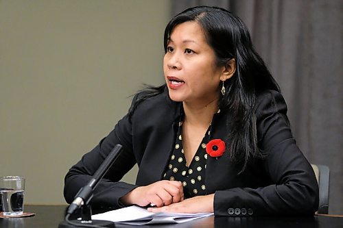 Daniel Crump / Winnipeg Free Press. Gina Trinidad, chief operating officer of long-term care, WRHA speaks at a press conference at the Manitoba legislature Saturday evening regarding an emergency incident at the Maples Care Home in Winnipeg. November 7, 2020.