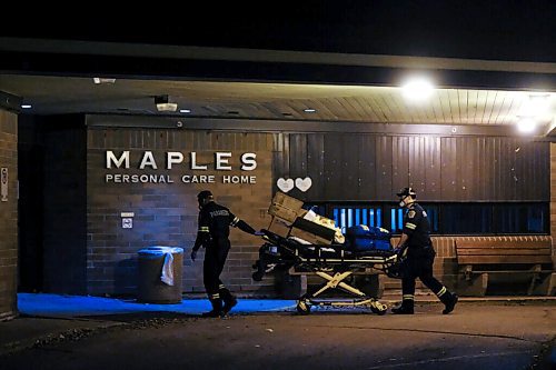 Daniel Crump / Winnipeg Free Press. Paramedics attend a call at the Maples Personal Care Home. The Winnipeg care home is the site of a COVID-19 outbreak. November 7, 2020.