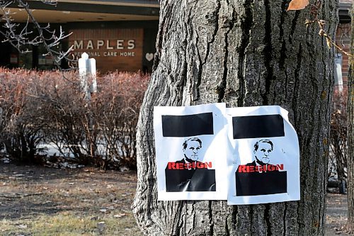 JOHN WOODS / WINNIPEG FREE PRESS
Signs calling for Manitoba health minister Cameron Friesens resignation are photographed outside Maples Personal Care Home Sunday, November 8, 2020. The private care home has had multiple deaths due to COVID-19.

Reporter: Thorpe