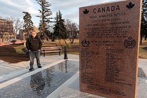JESSE BOILY  / WINNIPEG FREE PRESS
Ian Stewart, author of Voices of War a book about the Royal Winnipeg Rifles, looks over the names of soldiers hes written about at the Royal Winnipeg Rifles Memorial at Vimy Ridge Park on Sunday. Sunday, Nov. 8, 2020.
Reporter: Alan Small