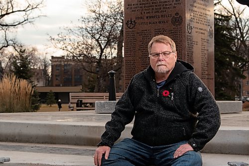 JESSE BOILY  / WINNIPEG FREE PRESS
Ian Stewart, author of Voices of War a book about the Royal Winnipeg Rifles, stands for portraits at the Royal Winnipeg Rifles Memorial at Vimy Ridge Park on Sunday. Sunday, Nov. 8, 2020.
Reporter: Alan Small