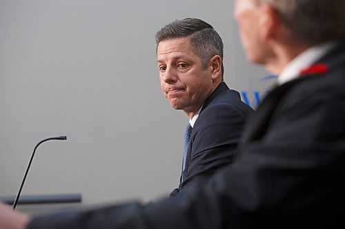 MIKE DEAL / WINNIPEG FREE PRESS
Mayor Brian Bowman and Winnipeg Fire Paramedic Service Chief John Lane speak during a media conference at City Hall Monday morning regarding the City's involvement in Personal Care Home response, specifically at the Maples Personal Care Home. 
201109 - Monday, November 09, 2020.