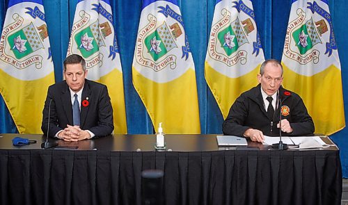 MIKE DEAL / WINNIPEG FREE PRESS
Mayor Brian Bowman and Winnipeg Fire Paramedic Service Chief John Lane speak during a media conference at City Hall Monday morning regarding the City's involvement in Personal Care Home response, specifically at the Maples Personal Care Home. 
201109 - Monday, November 09, 2020.