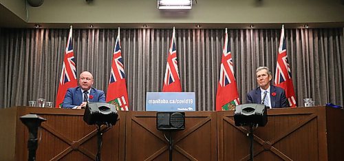 MIKE DEAL / WINNIPEG FREE PRESS

Premier Brian Pallister and Dr. Brent Roussin, chief provincial public health officer, announce that the whole province is going to code red. 
201110 - Tuesday, November 10, 2020