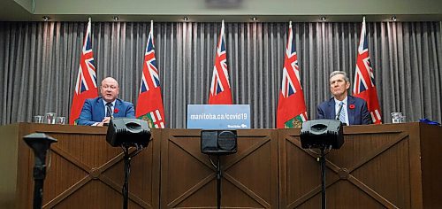 MIKE DEAL / WINNIPEG FREE PRESS
Premier Brian Pallister and Dr. Brent Roussin, chief provincial public health officer, announce that the whole province is going to code red on the pandemic response system during a Tuesday morning media conference at the Manitoba Legislative building.
201110 - Tuesday, November 10, 2020.