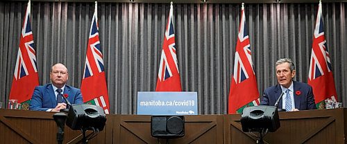 MIKE DEAL / WINNIPEG FREE PRESS
Premier Brian Pallister and Dr. Brent Roussin, chief provincial public health officer, announce that the whole province is going to code red on the pandemic response system during a Tuesday morning media conference at the Manitoba Legislative building.
201110 - Tuesday, November 10, 2020.