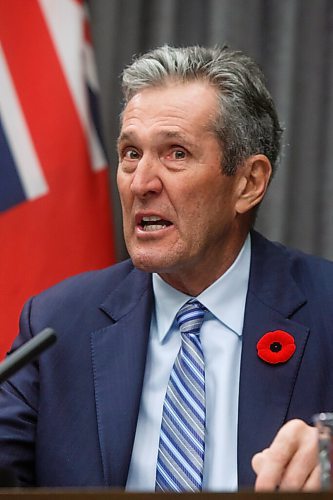 MIKE DEAL / WINNIPEG FREE PRESS
Premier Brian Pallister and Dr. Brent Roussin, chief provincial public health officer, announce that the whole province is going to code red on the pandemic response system during a Tuesday morning media conference at the Manitoba Legislative building.
201110 - Tuesday, November 10, 2020.