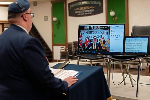 JESSE BOILY  / WINNIPEG FREE PRESS
Marc Pelletier speaks at the live-streamed Remembrance Day ceremony at the  South Osborne Legion on Wednesday. Remembrance Day ceremonies looked different this year due to the current COVID-19 restrictions. Wednesday, Nov. 11, 2020.
Reporter: