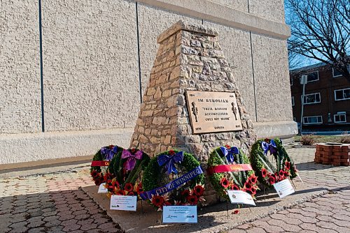 JESSE BOILY  / WINNIPEG FREE PRESS
The wreathes at the live-streamed Remembrance Day ceremony at the  South Osborne Legion on Wednesday. Remembrance Day ceremonies looked different this year due to the current COVID-19 restrictions. Wednesday, Nov. 11, 2020.
Reporter: