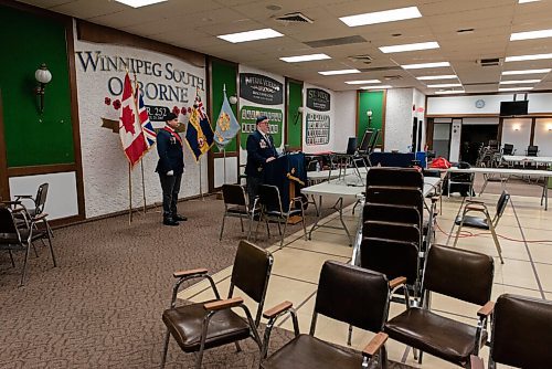 JESSE BOILY  / WINNIPEG FREE PRESS
Marc Pelletier, right, speaks at the live-streamed Remembrance Day ceremony at the  South Osborne Legion on Wednesday. Remembrance Day ceremonies looked different this year due to the current COVID-19 restrictions. Wednesday, Nov. 11, 2020.
Reporter: