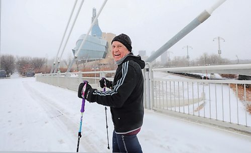 RUTH BONNEVILLE / WINNIPEG FREE PRESS

Local - Weather Standup

Seventy-two- year-old Ernie Wiens is all smiles as makes his way walking briskly with his walking sticks over the Esplanade Bridge as the snow falls around him on Thursday.  Wiens walks 10km a day, 6 days a week throughout downtown Winnipeg as part of his regular fitness routine.  

Nov 12th,  2020