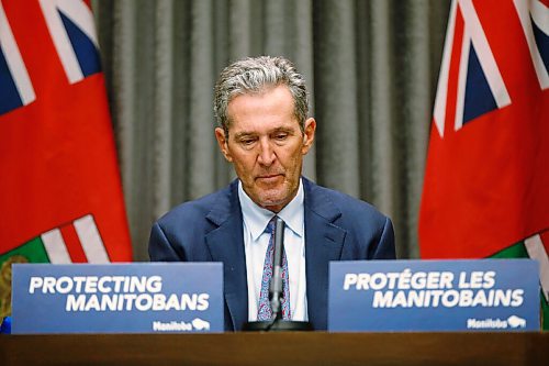 JOHN WOODS / WINNIPEG FREE PRESS
Premier Brian Pallister listens to a question from media during a COVID-19 press conference at the Manitoba Legislature in Winnipeg Monday, November 16, 2020. Pallister announced funding for small businesses.

Reporter: ?