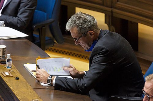 MIKE DEAL / WINNIPEG FREE PRESS
Premier Brian Pallister takes notes during question period in the Manitoba Legislative Assembly, Tuesday afternoon.
201117 - Tuesday, November 17, 2020.