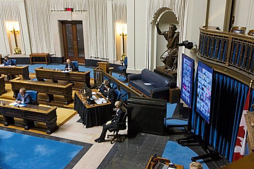 MIKE DEAL / WINNIPEG FREE PRESS
Monitors display the majority of MLAs taking part in question period in a mostly empty Manitoba Legislative Assembly, Tuesday afternoon.
201117 - Tuesday, November 17, 2020.