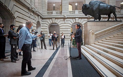 MIKE DEAL / WINNIPEG FREE PRESS
NDP Opposition Leader Wab Kinew speaks to the media after question period in the Manitoba Legislative Building Monday afternoon.
201123 - Monday, November 23, 2020.