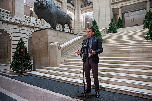 MIKE DEAL / WINNIPEG FREE PRESS
NDP Opposition Leader Wab Keniw speaks to the media after question period in the Manitoba Legislative Building Monday afternoon.
201123 - Monday, November 23, 2020.