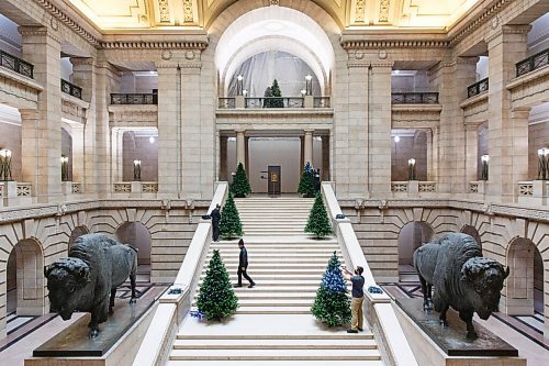 MIKE DEAL / WINNIPEG FREE PRESS
Manitoba Legislative building maintenance staff put lights onto the trees on the grand staircase Tuesday afternoon.
201124 - Tuesday, November 24, 2020.