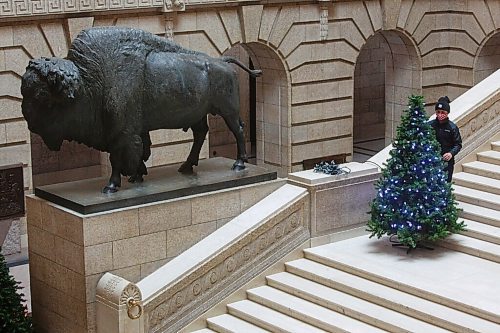 MIKE DEAL / WINNIPEG FREE PRESS
Manitoba Legislative building maintenance staff put lights onto the trees on the grand staircase Tuesday afternoon.
201124 - Tuesday, November 24, 2020.