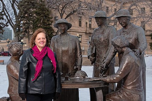 JESSE BOILY  / WINNIPEG FREE PRESS
Karen Wiebe, president of the provincial chapter of PEO International, stops for a photo next to the Famous Five Monument on Wednesday. Wednesday, Nov. 25, 2020.
Reporter: EPP / Philanthropy
