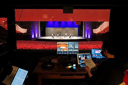 Daniel Crump / Winnipeg Free Press. Techs in the control room at the Centennial Concert Hall prepare for a live stream of the WSOs An Evening In Vienna. November 27, 2020.