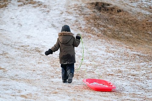 Daniel Crump / Winnipeg Free Press. Ellis Peters carries his sled back up the hill at Halter Park. He and his family spent the afternoon enjoying the mild later winter weather outdoors. November 28, 2020.