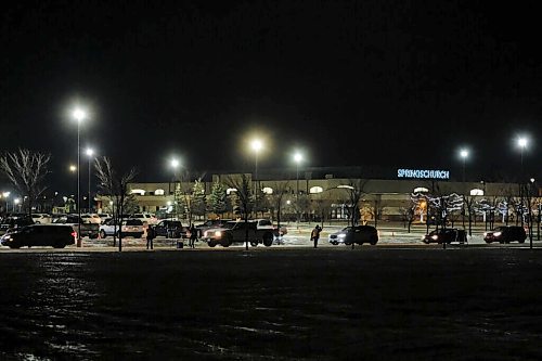 Daniel Crump / Winnipeg Free Press. Vehicles lineup to get into the parking lot at Springs Church. The church chose to hold a drive-in service despite a province wide ban on such gathers intended to slow the spread of COVID-19. November 28, 2020.