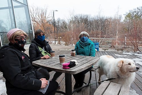 JESSE BOILY  / WINNIPEG FREE PRESS
(Left to right) Linda Key, Debbie Burns, and Cheryl Taylor stops for a coffee after walk at Assiniboine Park on Tuesday. More people are spending time outside as December continues to stay a bit warmer. Tuesday, Dec. 8, 2020. Dogs name is Ollie.

Reporter: Cody Sellar