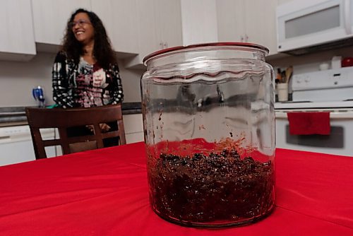 JESSE BOILY  / WINNIPEG FREE PRESS
Ave Dinzey of Purple Hibiscus, shows some of the fruit soaking in rum for her Trini Black Cake on Wednesday. Wednesday, Dec. 9, 2020.
Reporter: