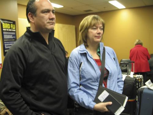 Albert Lambert and Joan Dawydiuk await screening. Photo by Kives Lineup in Winnipeg, Jan. 7 winnipeg free press