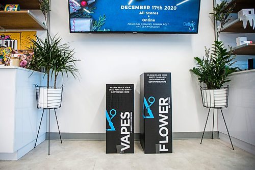 MIKAELA MACKENZIE / WINNIPEG FREE PRESS

New recycling boxes for cannabis packaging and vape pen cartridges at the Kenaston Delta 9 Cannabis store in Winnipeg on Wednesday, Dec. 16, 2020. For Nicole Brownlee story.

Winnipeg Free Press 2020