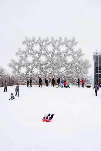 Daniel Crump / Winnipeg Free Press. People slide down the hill in front of Ai Weiweis Forever Bicycles sculpture at The Forks. December 26, 2020.