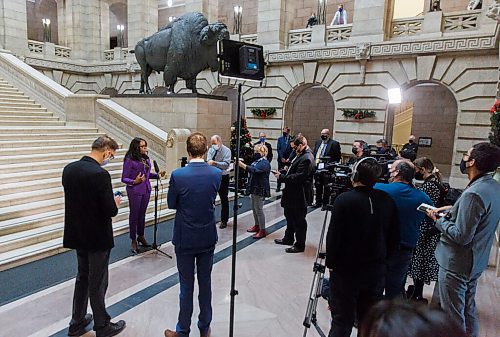 MIKE DEAL / WINNIPEG FREE PRESS
New cabinet minister, Audrey Gordon, Minister of Mental Health, Wellness and Recovery, during her first media scrum after Premier Brian Pallister (who was watching from the second floor balcony) announced his new cabinet, Tuesday morning.
210105 - Tuesday, January 05, 2021.