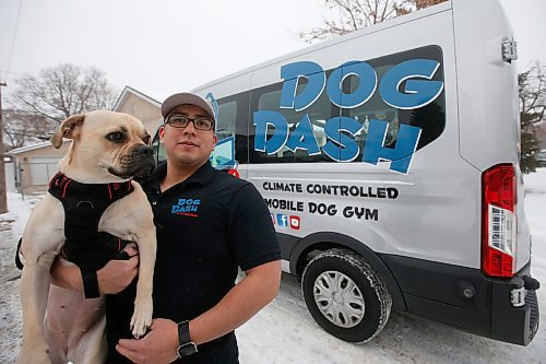 JOHN WOODS / WINNIPEG FREE PRESS
Tito Urbina, co-owner of Dog Dash - Mobile Dog Gym, is photographed with Luna outside the mobile dog treadmill gym in Winnipeg Thursday, January 7, 2021. 

Reporter: Sanderson
