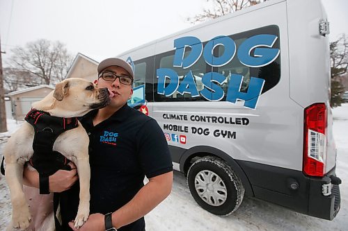 JOHN WOODS / WINNIPEG FREE PRESS
Tito Urbina, co-owner of Dog Dash - Mobile Dog Gym, is photographed with Luna outside the mobile dog treadmill gym in Winnipeg Thursday, January 7, 2021. 

Reporter: Sanderson
