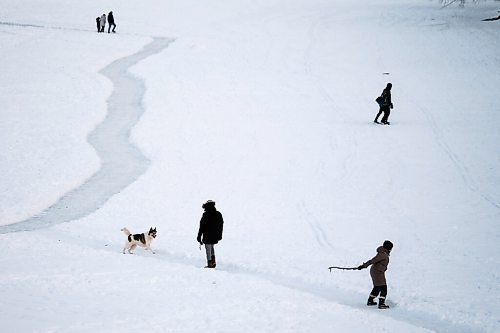 Daniel Crump / Winnipeg Free Press. People walk along paths on the frozen Assiniboine river near the foot bridge at Assiniboine Park on Saturday afternoon. January 9, 2020.