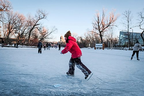 Daniel Crump / Winnipeg Free Press. A child skates by a discarded mask as she makes her way around the duck pond at Assiniboine Park on Saturday afternoon. January 9, 2020.