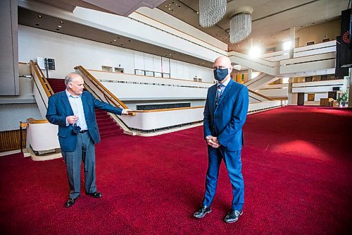 MIKAELA MACKENZIE / WINNIPEG FREE PRESS

Robert Olson, CEO  of the Manitoba Centennial Centre Corporation (left), and Martin Krull, general manager of the Centennial Concert Hall, point out the carpet that will be replaced (and the hardwood dance area that will be uncovered) in the lobby of the concert hall in Winnipeg on Monday, Jan. 11, 2021. For Brenda Suderman story.

Winnipeg Free Press 2020