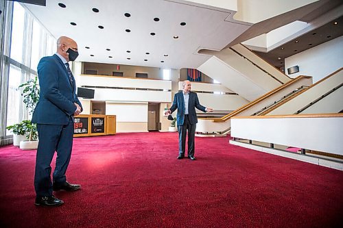 MIKAELA MACKENZIE / WINNIPEG FREE PRESS

Martin Krull, general manager of the Centennial Concert Hall (left), and Robert Olson, CEO  of the Manitoba Centennial Centre Corporation, point out the carpet that will be replaced (and the hardwood dance area that will be uncovered) in the lobby of the concert hall in Winnipeg on Monday, Jan. 11, 2021. For Brenda Suderman story.

Winnipeg Free Press 2020