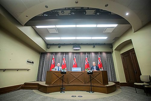 MIKAELA MACKENZIE / WINNIPEG FREE PRESS

Dr. Brent Roussin, chief provincial public health officer (left), and Premier Brian Pallister speak at a press conference at the Manitoba Legislative Building in Winnipeg on Friday, Jan. 15, 2021.  For Carol Sanders story.

Winnipeg Free Press 2021