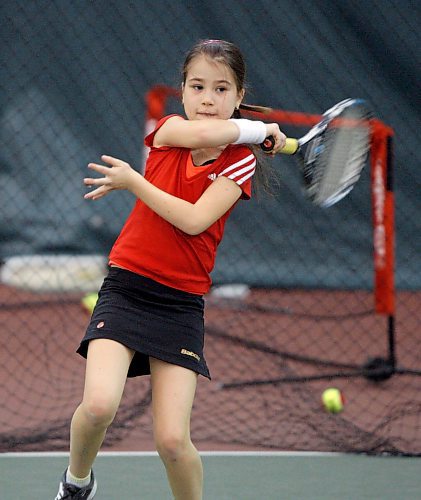 BORIS.MINKEVICH@FREEPRESS.MB.CA BORIS MINKEVICH/ WINNIPEG FREE PRESS  100120 Action of a junior tennis player Yuliya Andreyev,9, who will be competing in a tournament on Sunday at the Winter Club.