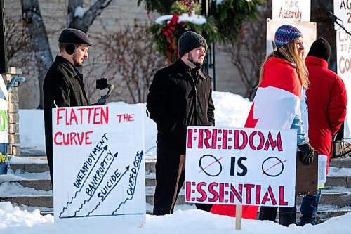 Daniel Crump / Winnipeg Free Press. Pastor Tobias Theissen at the anti-mask protest organized by the group Hugs Over Masks outside city hall in Steinbach, Manitoba. January 16, 2021.