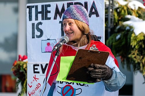 Daniel Crump / Winnipeg Free Press. An organizer of the Hugs Over Masks protest, who identified herself as only as Shannon, speaks to protestors gathered at city hall in Steinbach, Manitoba. January 16, 2021.