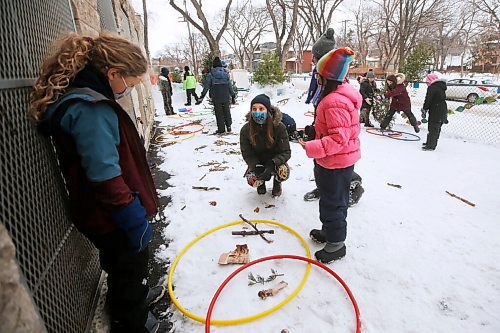 Laura Secord School teacher Ellen Lamont holds an outdoor science class at the school in Winnipeg Wednesday, January 20, 2021. Lamont has been taking her early years students outside as much as possible this year, as she embraces the benefits of outdoor education while choosing a safer mid-pandemic teaching alternative to a indoor classroom. Lamont and her class have built a snow classroom outside the Wolseley school. 

Reporter: Macintosh