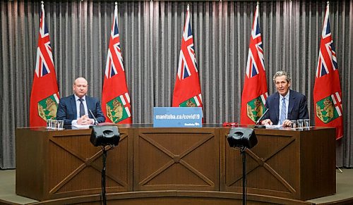 MIKE DEAL / WINNIPEG FREE PRESS
Manitoba Premier Brian Pallister and Dr. Brent Roussin, chief provincial public health officer during the COVID update at the Manitoba Legislative building Thursday afternoon.
210121 - Thursday, January 21, 2021.