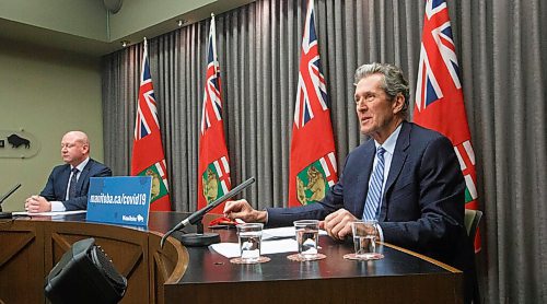 MIKE DEAL / WINNIPEG FREE PRESS
Manitoba Premier Brian Pallister and Dr. Brent Roussin, chief provincial public health officer during the COVID update at the Manitoba Legislative building Thursday afternoon.
210121 - Thursday, January 21, 2021.