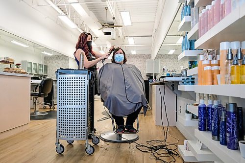 Daniel Crump / Winnipeg Free Press. Tara Roberts (right) gets a haircut from Sabrina Cornwell (left) at Hairplay Salon on Ness Avenue. With some COVID restrictions easing hair salons and barbershops can now open at 25% capacity. January 23, 2021.