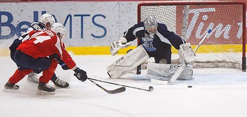 MIKE DEAL / WINNIPEG FREE PRESS
Manitoba Moose goaltender Cole Kehler (31) deflects the puck during training camp at BellMTS Iceplex Monday afternoon.
210125 - Monday, January 25, 2021.