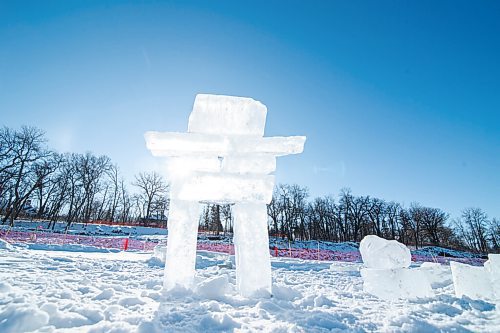 MIKE SUDOMA / WINNIPEG FREE PRESS
A ice sculptured carved into the shape of an inukshuk stands tall amongst the snow and ice on the Assiniboine River trail. 
January 24, 2021
